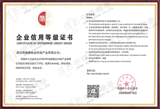 中国中小企业协会企业信用评价AAA级信用企业（证书）
